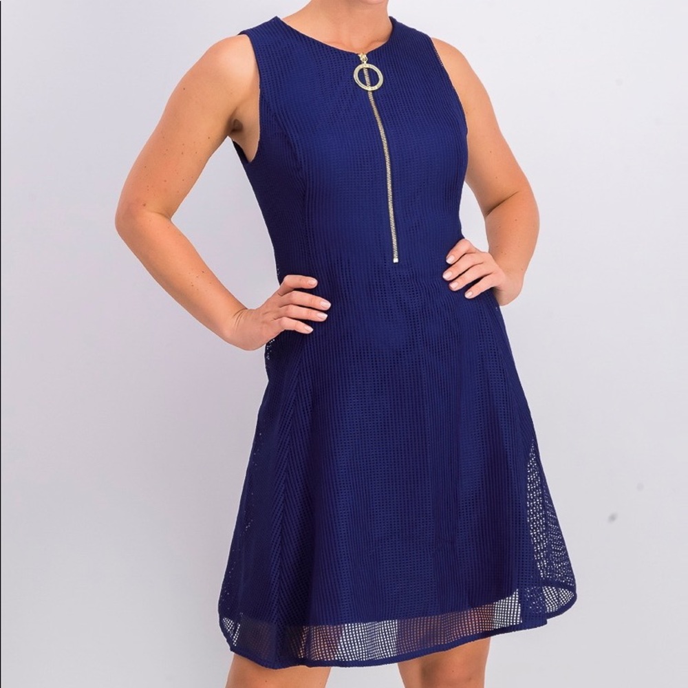 DKNY Square Mesh Fit & Flare Dress, Blueberry
